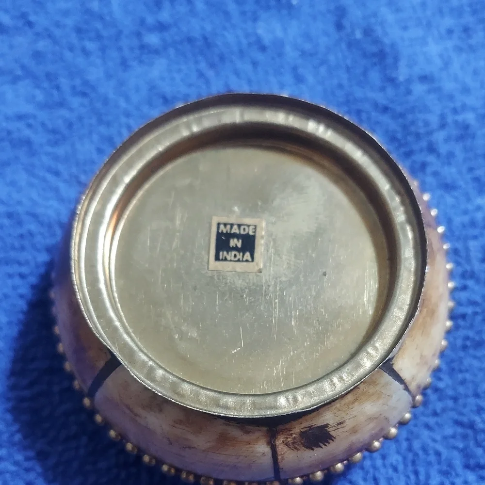 Vintage Handcrafted Indian Bone & Brass Inlay Trinket Box Boho Keepsake